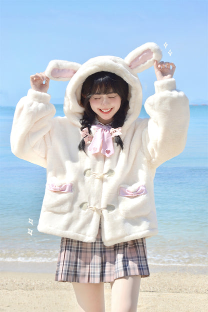 Snow Velvet Rabbit Vanilla Faux Wool Fur Plush Thick Winter White Hooded Coat