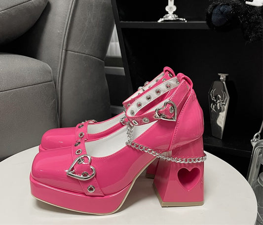 Yishicha Heart EGL Chain Shackles Square Toe High Heels Platform Shoes