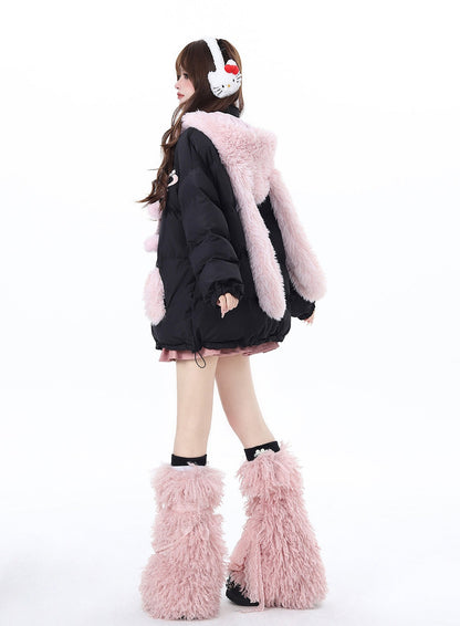 Crazy Girl Pink Black Winter Rabbit Ears Hooded Plush Puffer Jacket