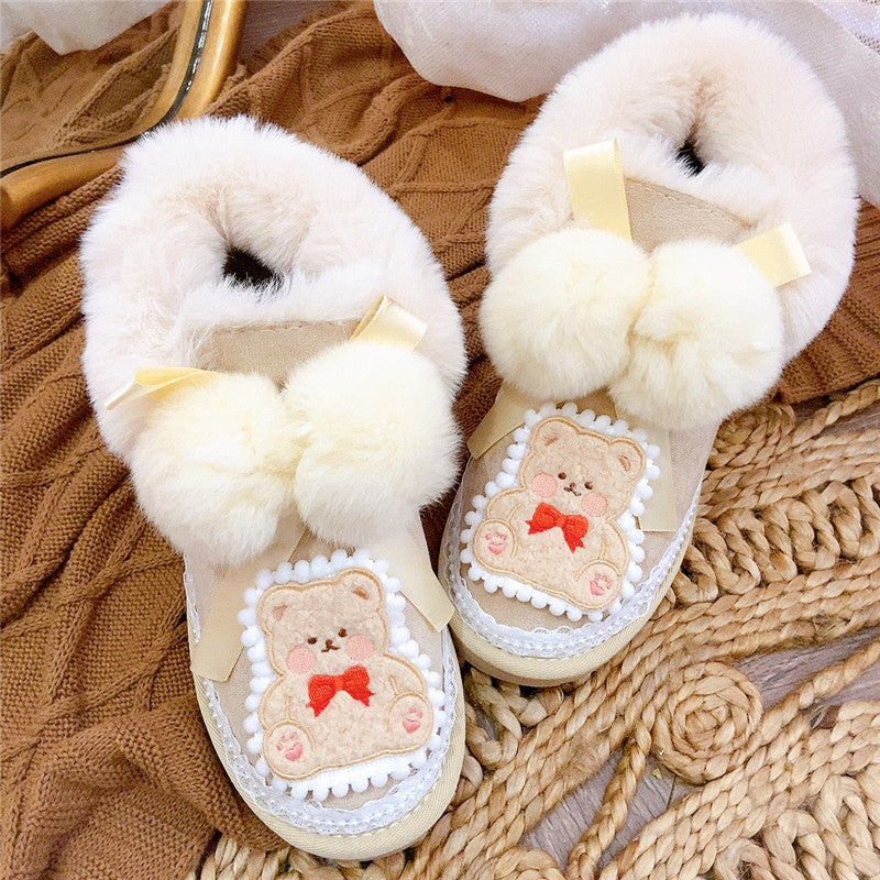 Pinky Lace Coquette Bear Plush Winter Snow Cream Short Boots Shoes