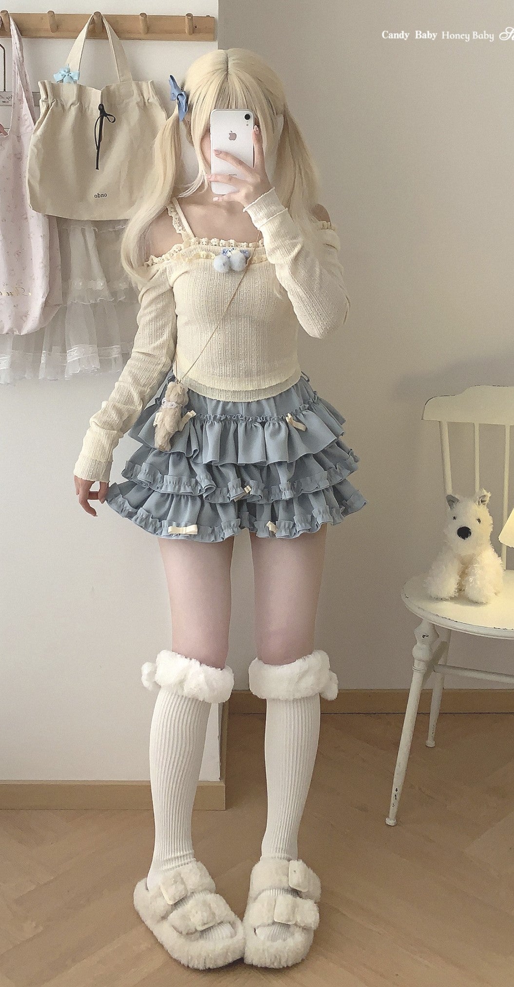 Dormir Doll Pompom Fur Balls Coquette Lace Sweater Cream Black Shirt Top