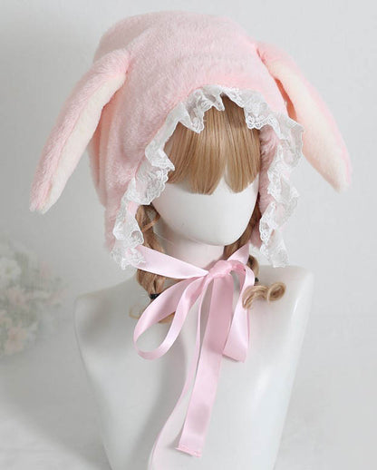 Sweet Rabbit Ear Pink & White Lace Lolita Handmade Fur Hats