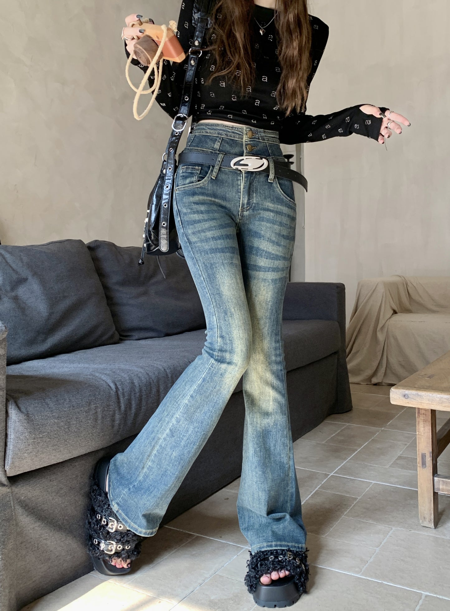 Retro Style Striped Wash Pants Denim Micro Flair Jeans