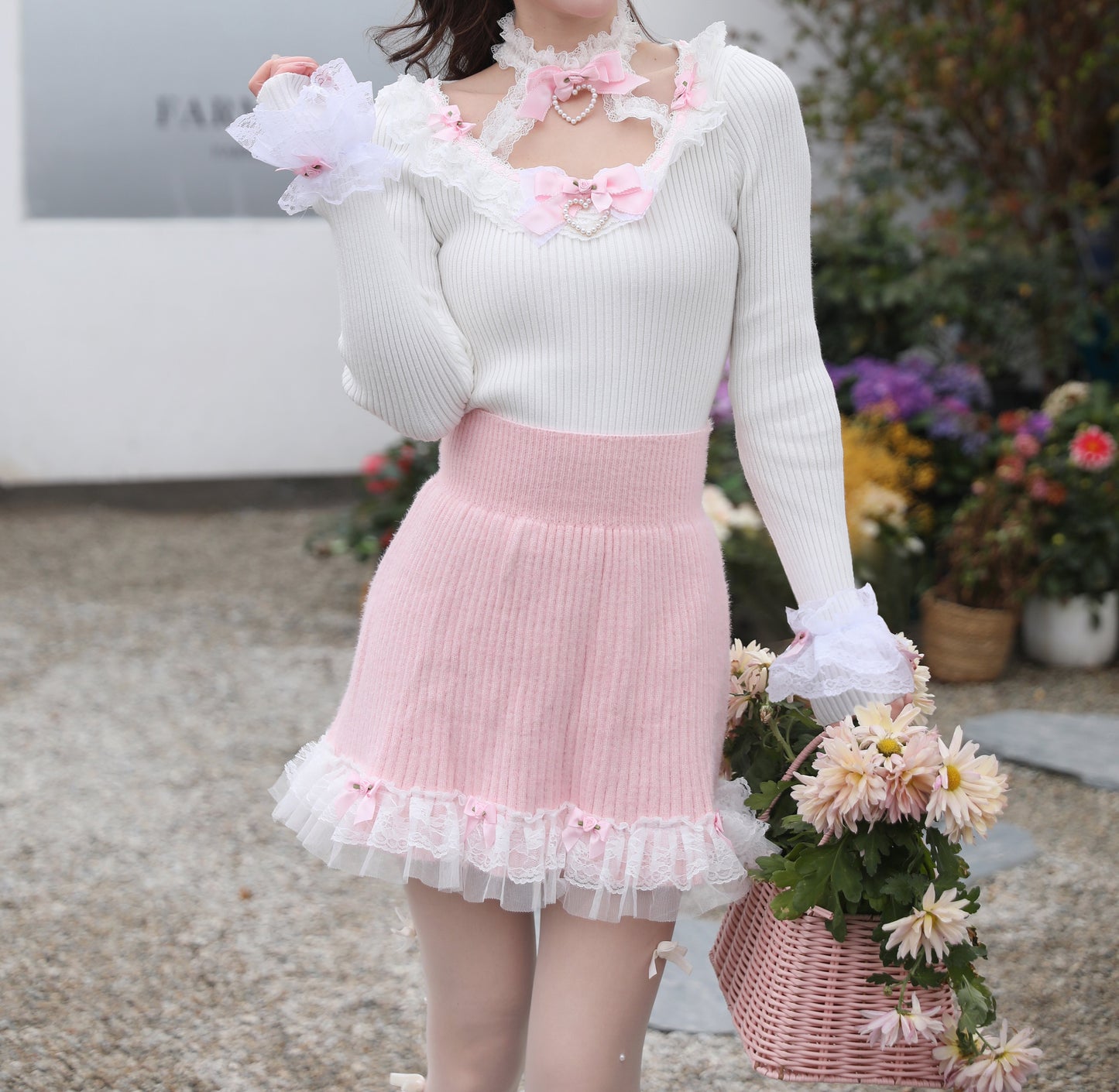 Sweetheart Princess Fantasy Flower White Halter Neck Knit Sweater Top & Pink Skirt Two Piece Set