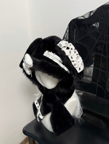 Punk Y2K Black White Plush Rabbit Ears Winter Hats