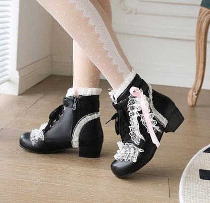 Princess Ribbon Lace Pink Black White Winter Zip Up Little High Heels Boots