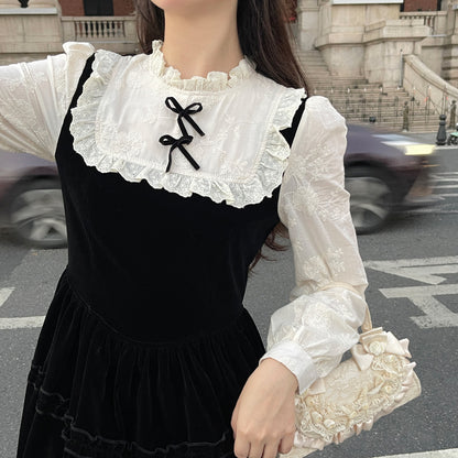 Ruellia Autumn Elegant Lady Lace Black Velvet Long Dress