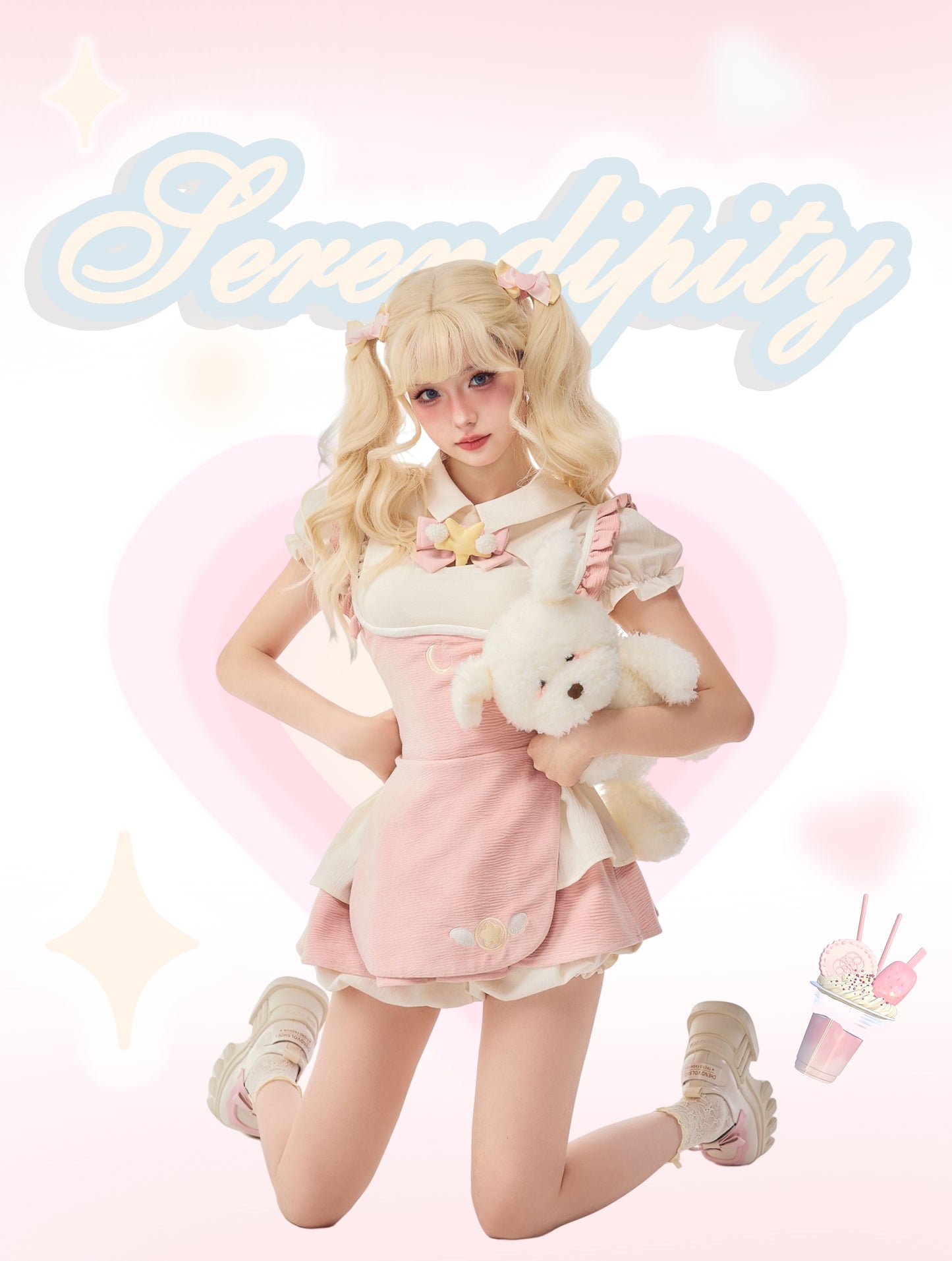 Serendipity Sweet Magical Girl Star Wings Beige Cream Shirt & Pink Apron & Ruffled Mini Skirt Three Piece Set