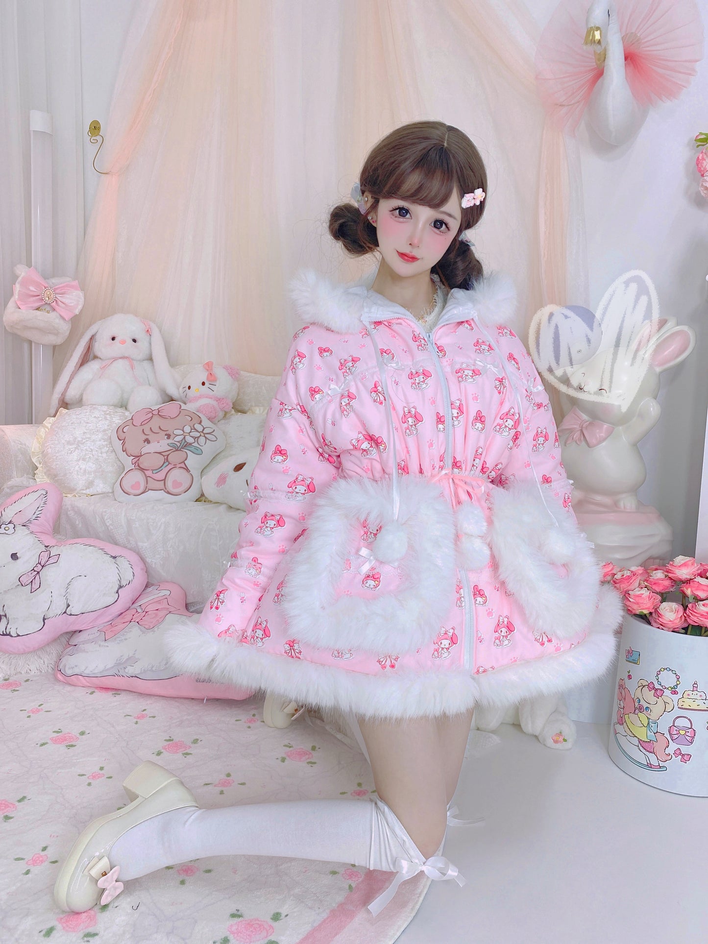 Candy Fairy Sweetie Melody Cartoon Pink Fur Plush Velvet Thick Puffer Jacket Coat