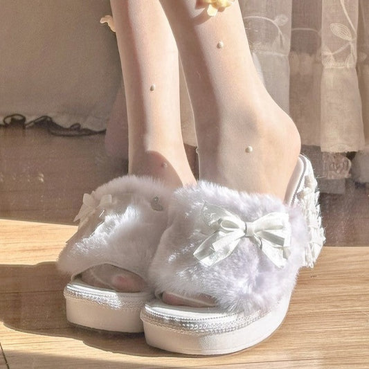 Pinky Antique Princess White Plush Velvet Wedge Height Heels Slippers