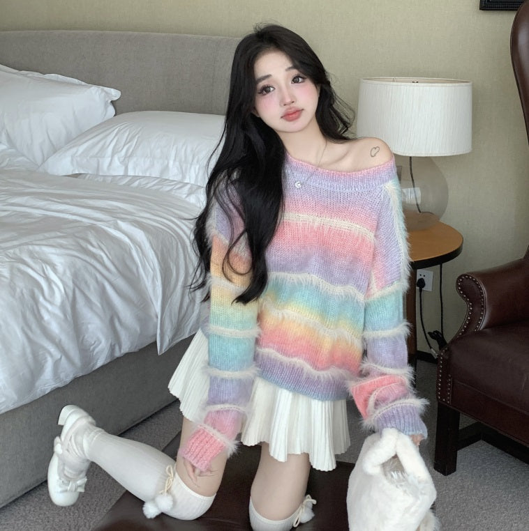 Rainbow Colorful Autumn Round Neck Fuzzy Sweater