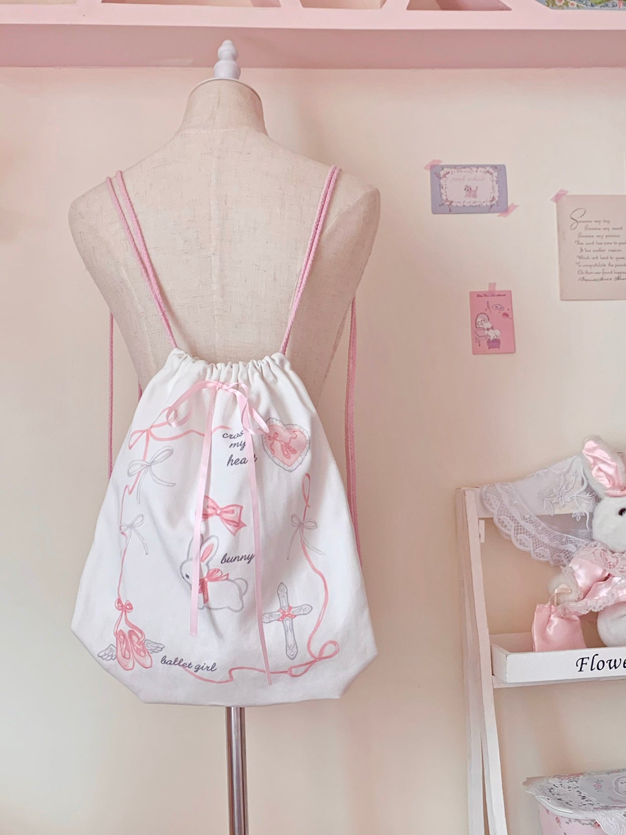 Coquette Girl Sweet Rabbit White & Pink Bow Handmade Drawstring Cinch Bag Backpack