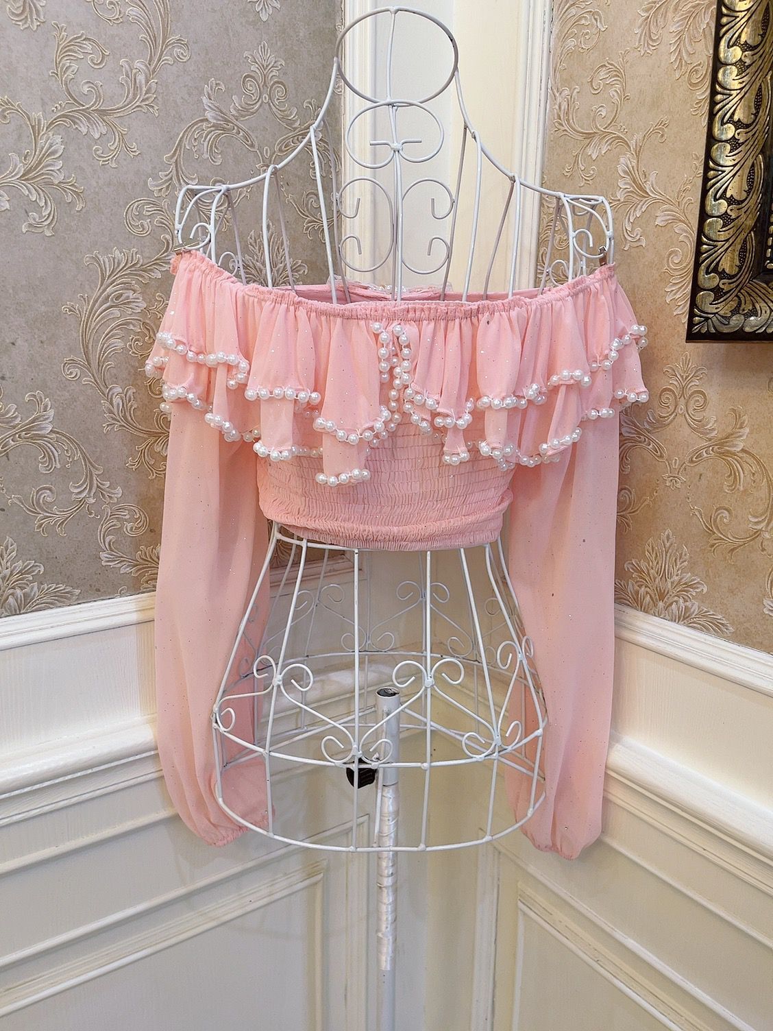 Sweetheart Princess Pink Ruffled Bow Off Shoulder Long Sleeve Shirt