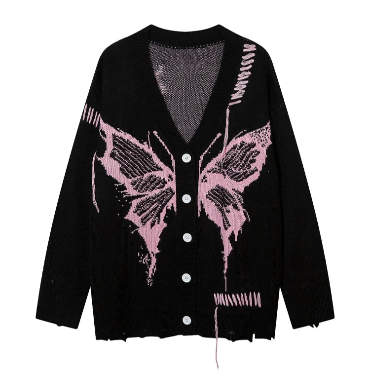 Young Eyes Art Student Butterfly Pink Black Gray Knit Cardigan