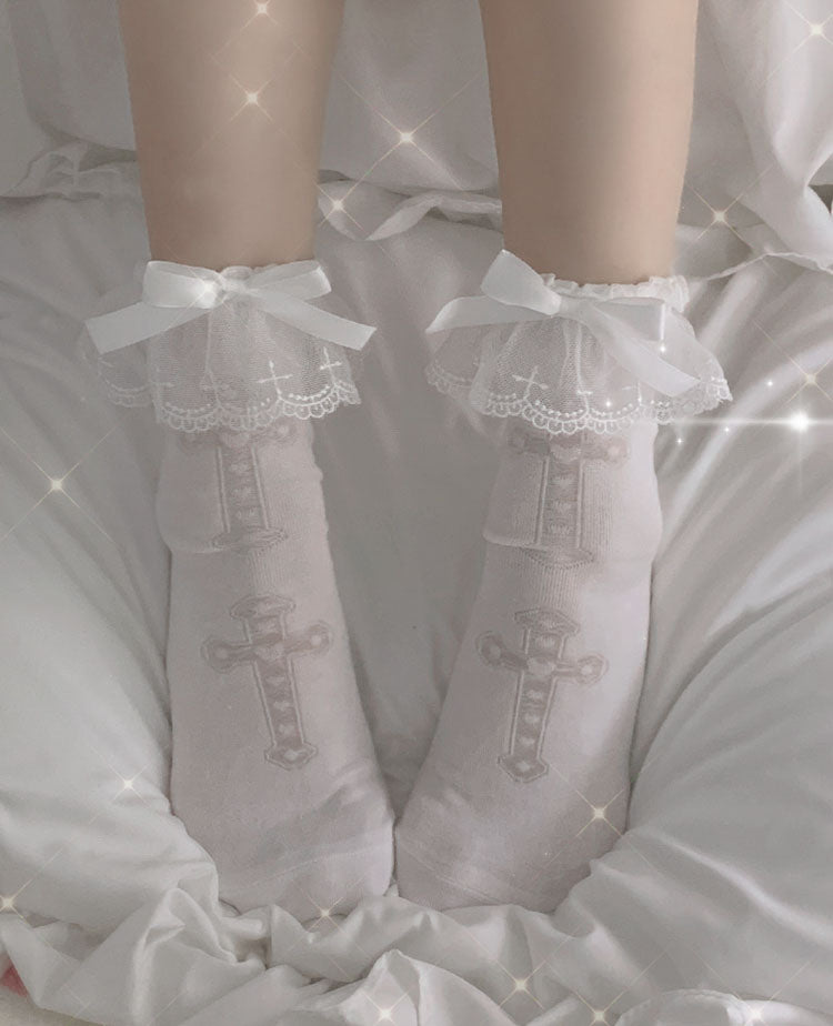 Lolita Cross White Pink Purple Lace Bow Small Socks