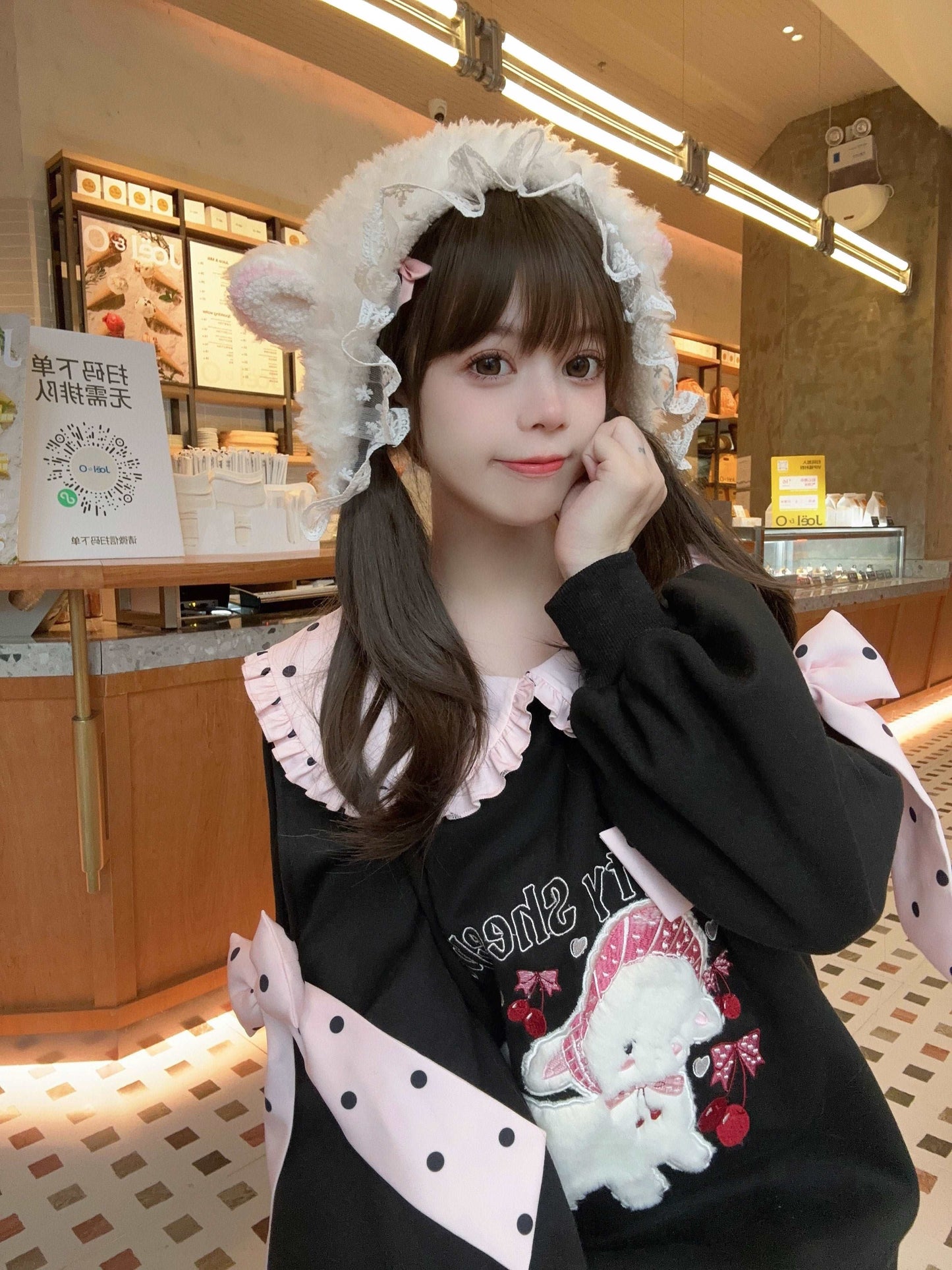 Cherry Sheep Embroidery Black Polka Dot Pink Bow Sweatshirt