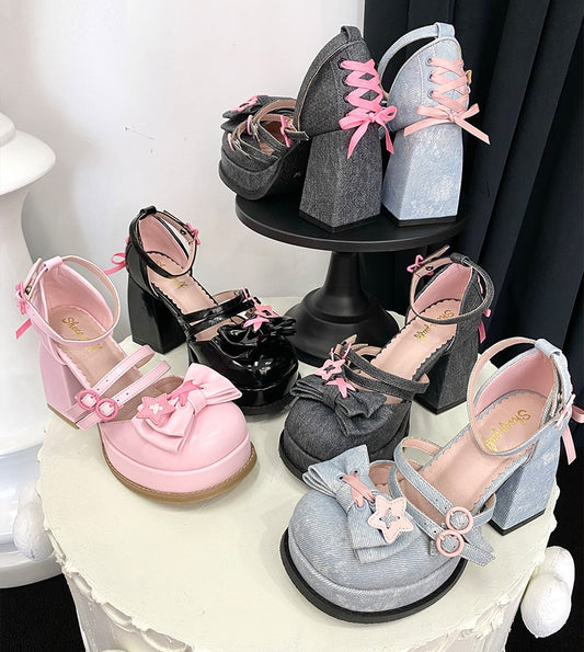 Puffy Sheep Stars Denim Pink Blue Gray Black High Heels Shoes