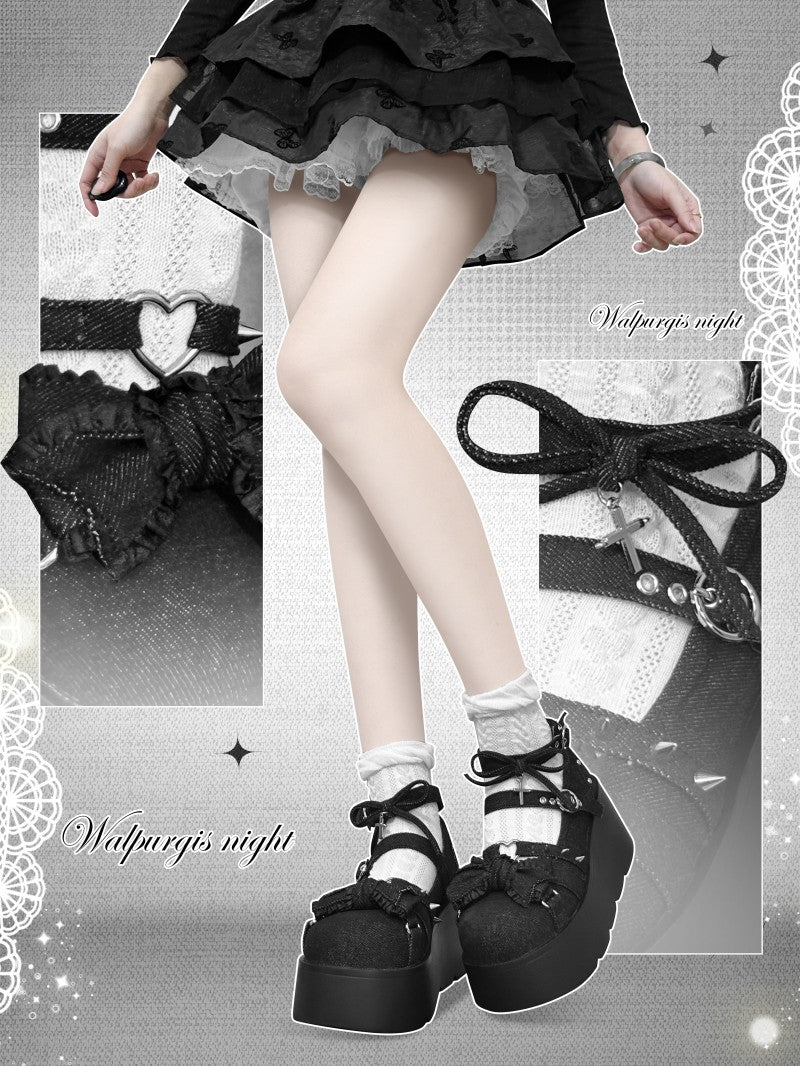 Walpurgis Night Pink White Blue Black Denim Gothic Lolita Shoes