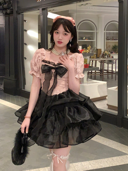 Picnic Girl Blackberry Bow Pink Black Puff Sleeve Ruffled Dress