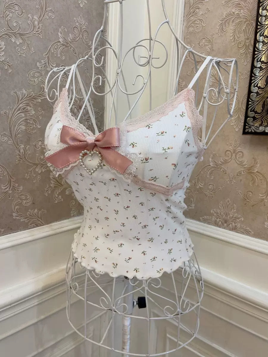 Sweetheart Princess Pink Rim Floral White Camisole Top