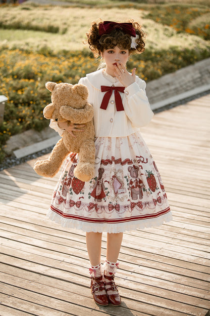 Lolita Teddy Bear Christmas Festive Red White Winter Jacket & Strap Dress Two Piece Set