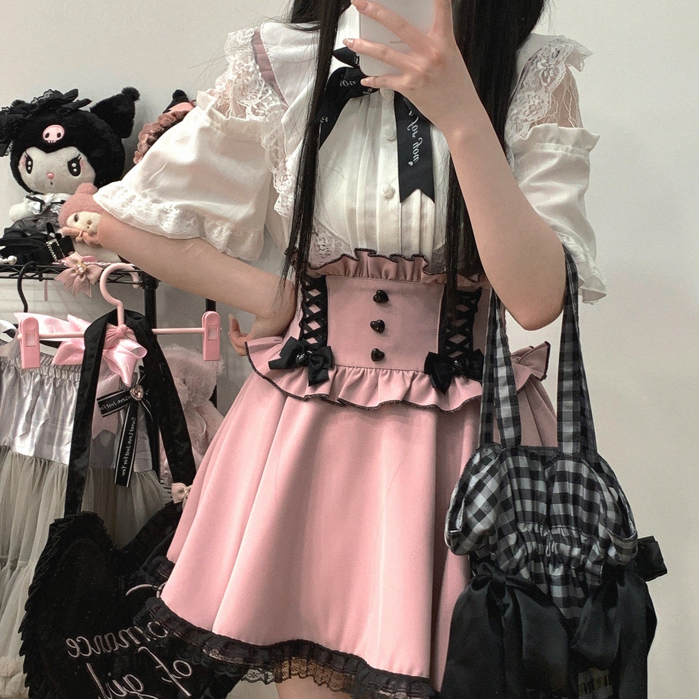 Kitten Bullet Jirai Kei Doll Mode Lace Pink Black Blue Suspender Skirt