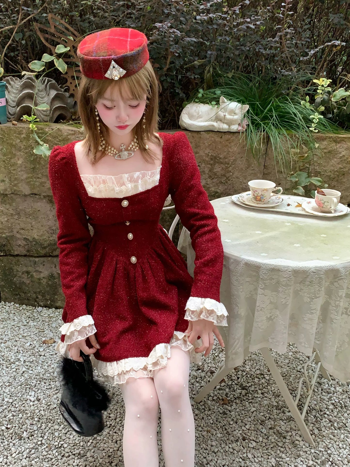 Picnic Girl Fragrant Lace Scarlet Red Long Sleeve Dress