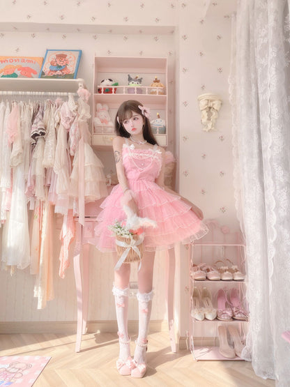 Candy Fairy Coquette Light Pink Party Princess Ruffled Strap Dress