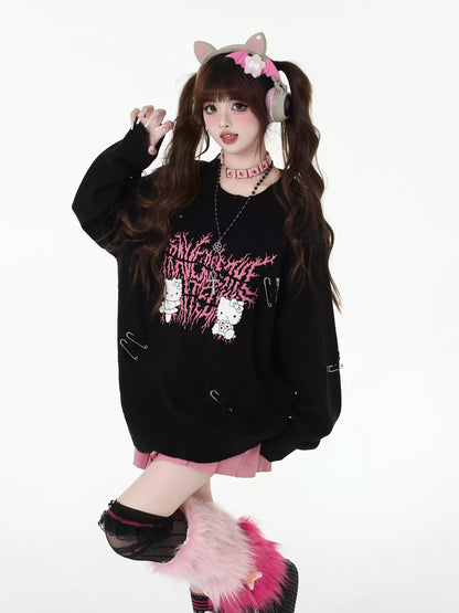 Crazy Girl Punk Kitty Clips Pink Black Knit Sweater