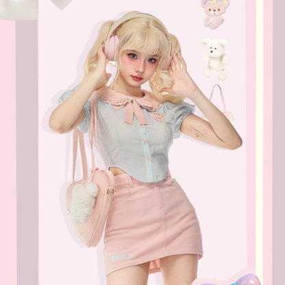 Serendipity Cute Teddy Bear Embroidery Blue Puff Sleeve Shirt & Pink Skirt Two Piece Set