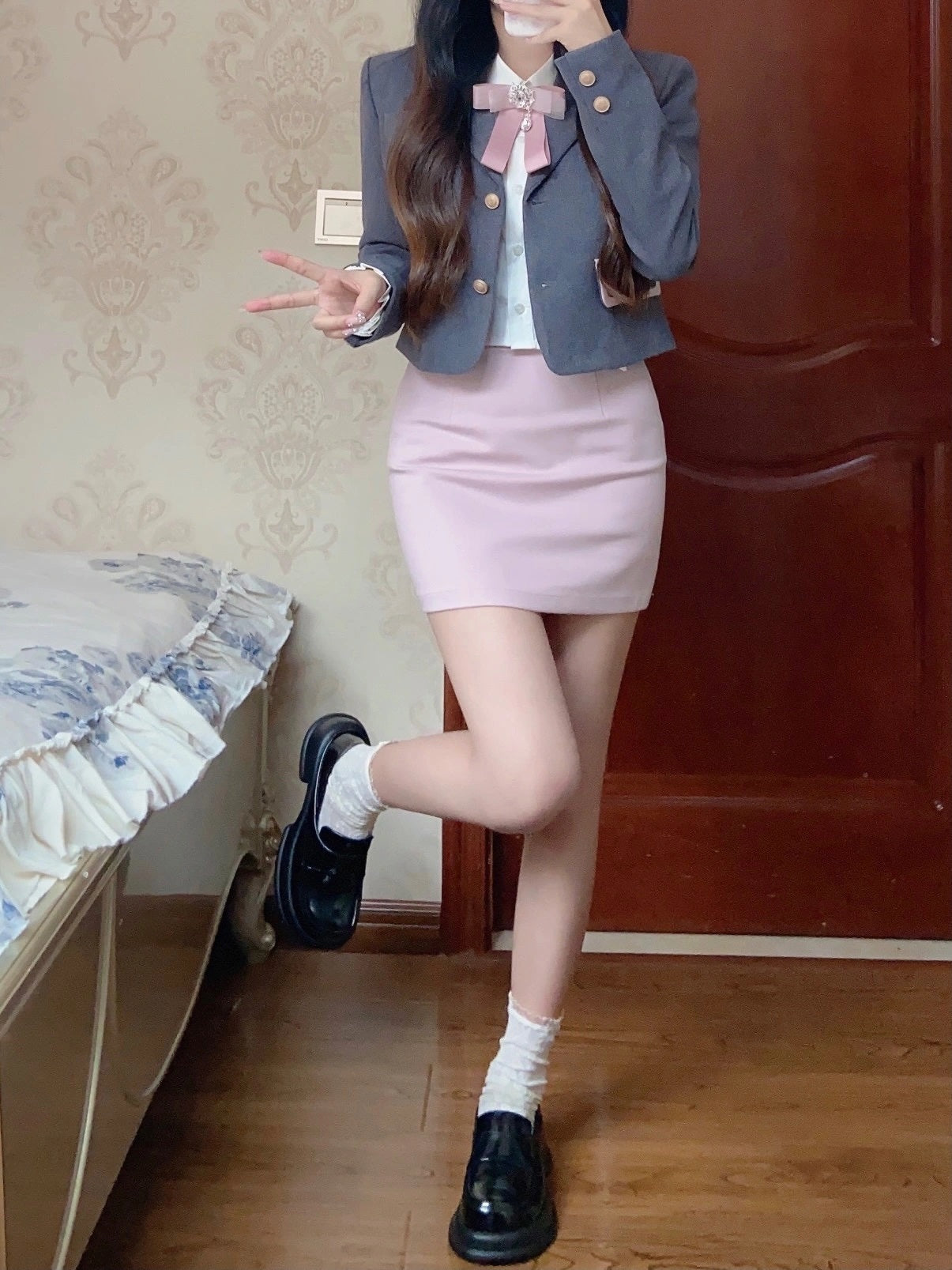 Monet Dark Academia Pink Gray Blazer Jacket White T Shirt Pink Short Skirt Three Piece Set