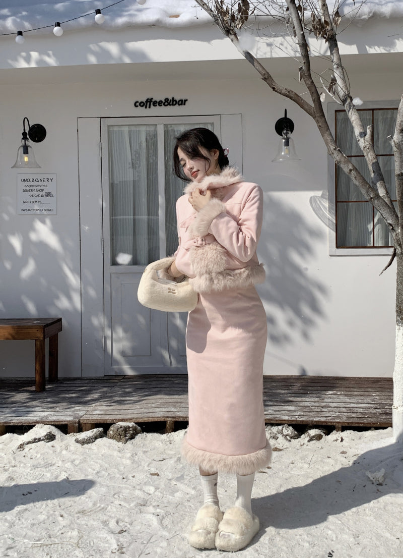 Winter Pink Sweet Girl Suede Fur Jacket & Skirt Two Piece Set