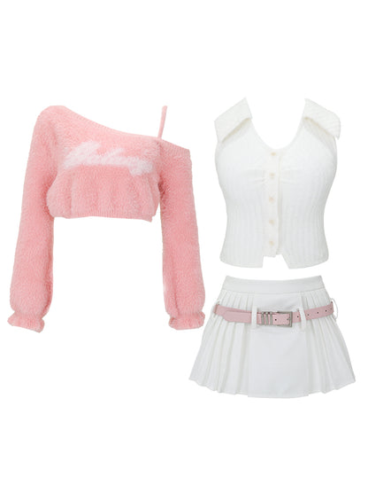 Serendipity Autumn Ice Cream Berry Fuzzy Pink Sweater & White Top & Pleated Skirt Three Piece Set