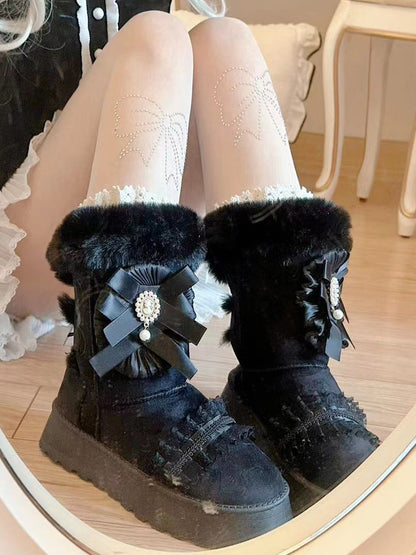 Pinky Sweet Beige Black Lace Mid Calf Fur Winter Thick Snow Round Toe Boots Shoes