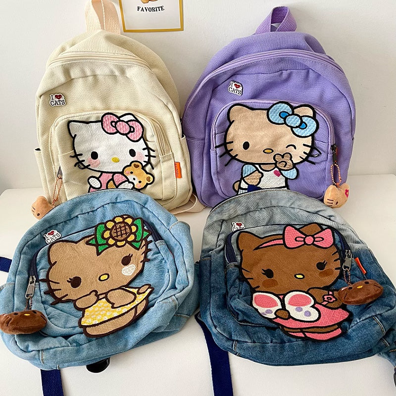 Y2K Black Brown Skin Kitty Denim Student Backpack Bag