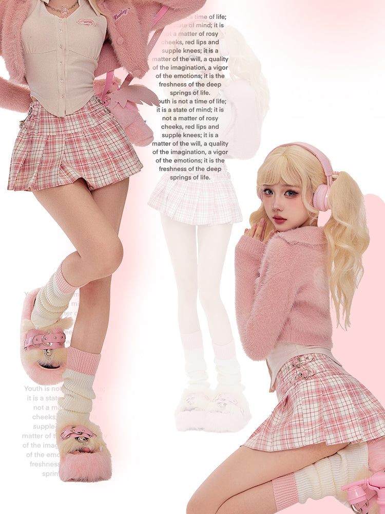 Serendipity Autumn Sweet Pink Plush Cardigan Jacket & White Shirt & Plaid Mini Skirt Three Piece Set