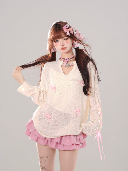 Young Eyes Apricot Bow Pink Cream See Through Knit Sweater Top