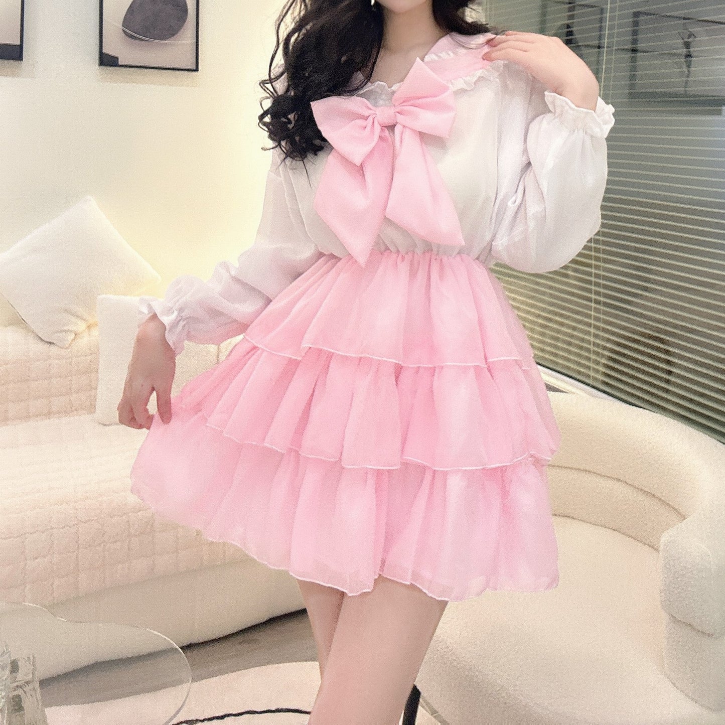 Candy Fairy Cosplay Sailor Collar Bow Sweet Ruffled Pink White Dress