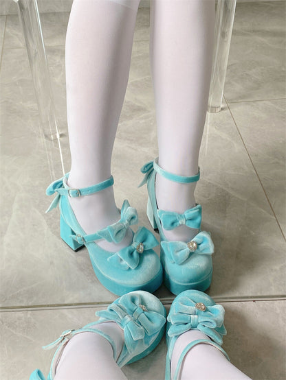 EGL Sweet Velvet Fairy Bow Mary Jane High Heels Shoes