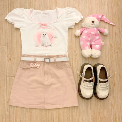 Serendipity Summer Cat Bow Puff Sleeve Shirt & Pink Mini Skirt Two Piece Set