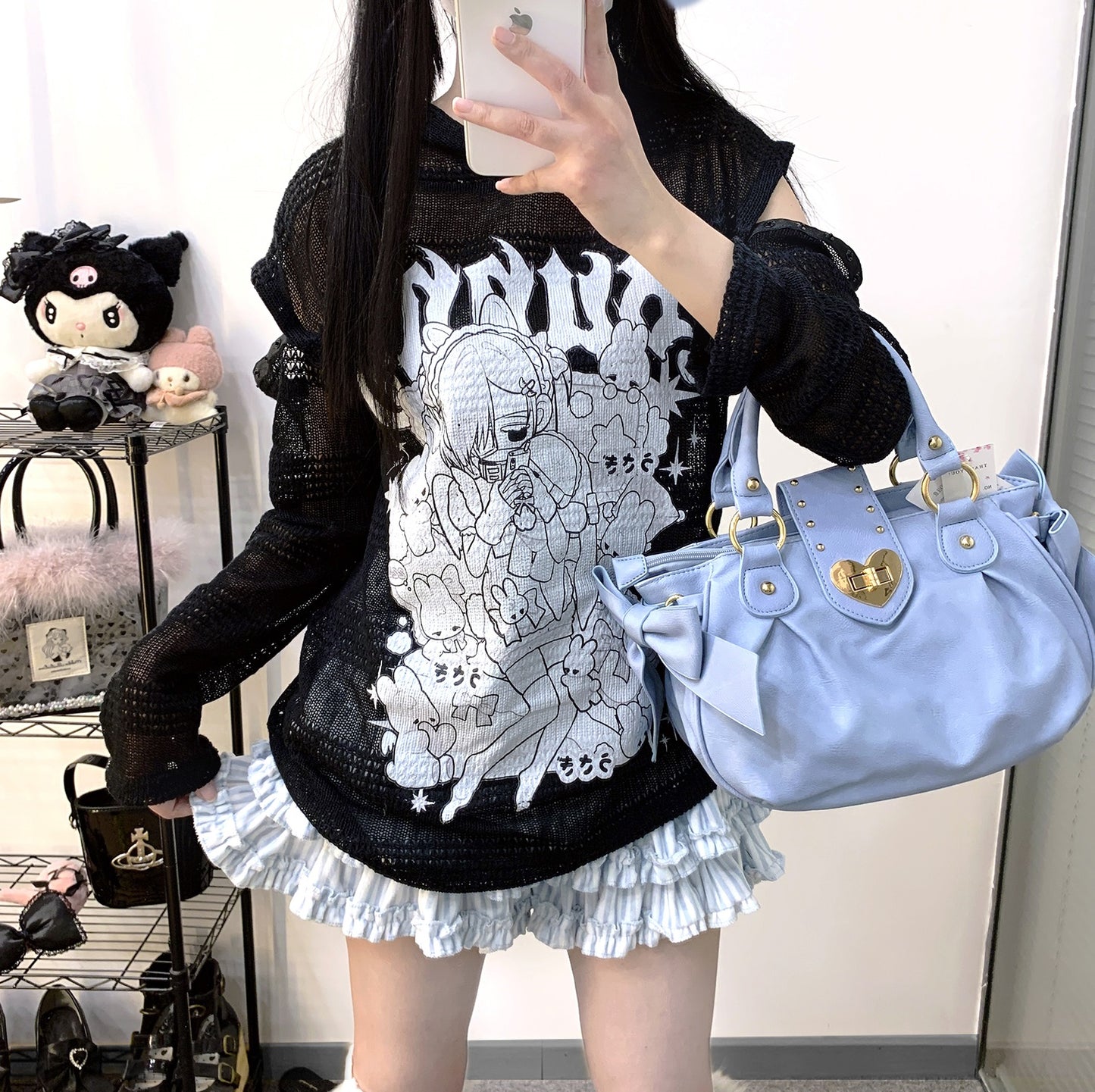 Kitten Bullet Doll Dependence Black & White Hollow Knit Sweater Hoodie Top