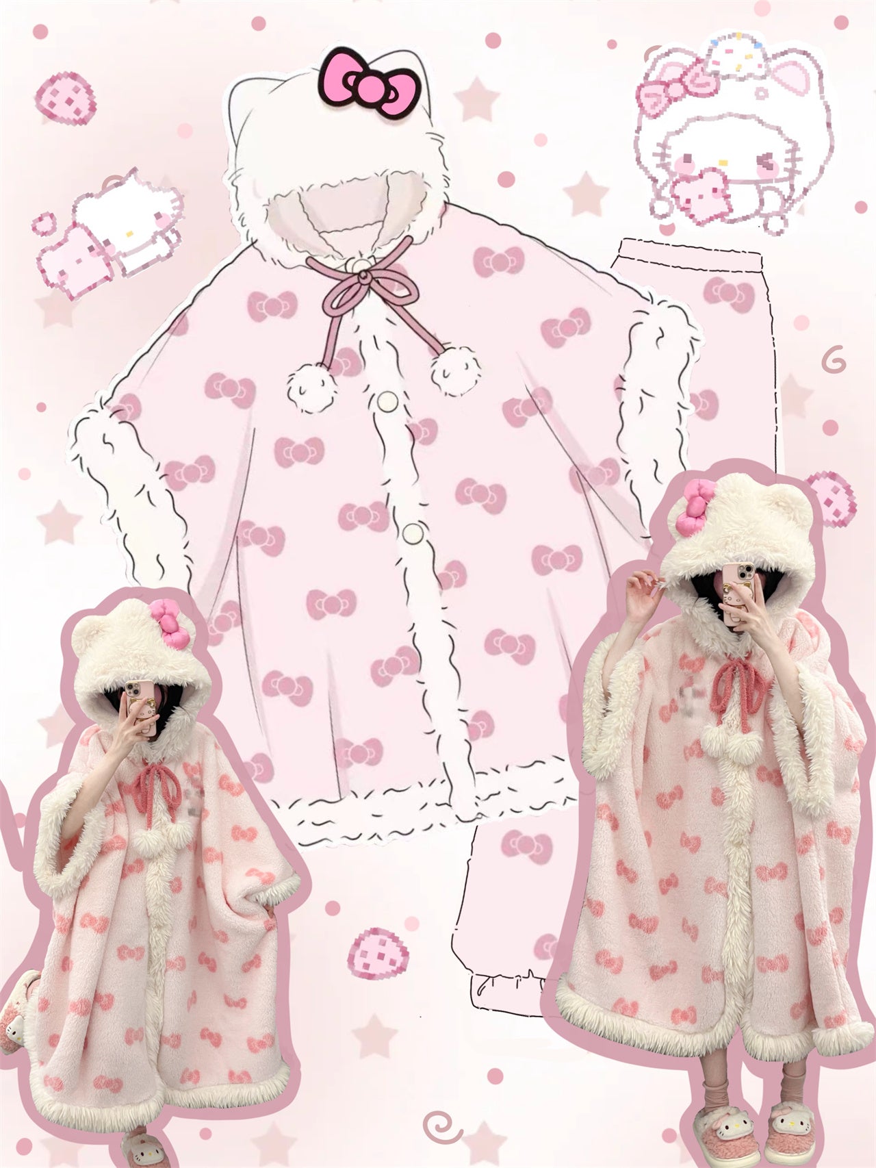 Kawaii Kitty Bow White Pink Winter Pajamas Hooded Bathrobe & Pants Two Piece