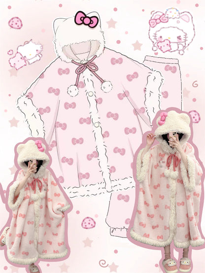 Kawaii Kitty Bow White Pink Winter Pajamas Hooded Bathrobe & Pants Two Piece