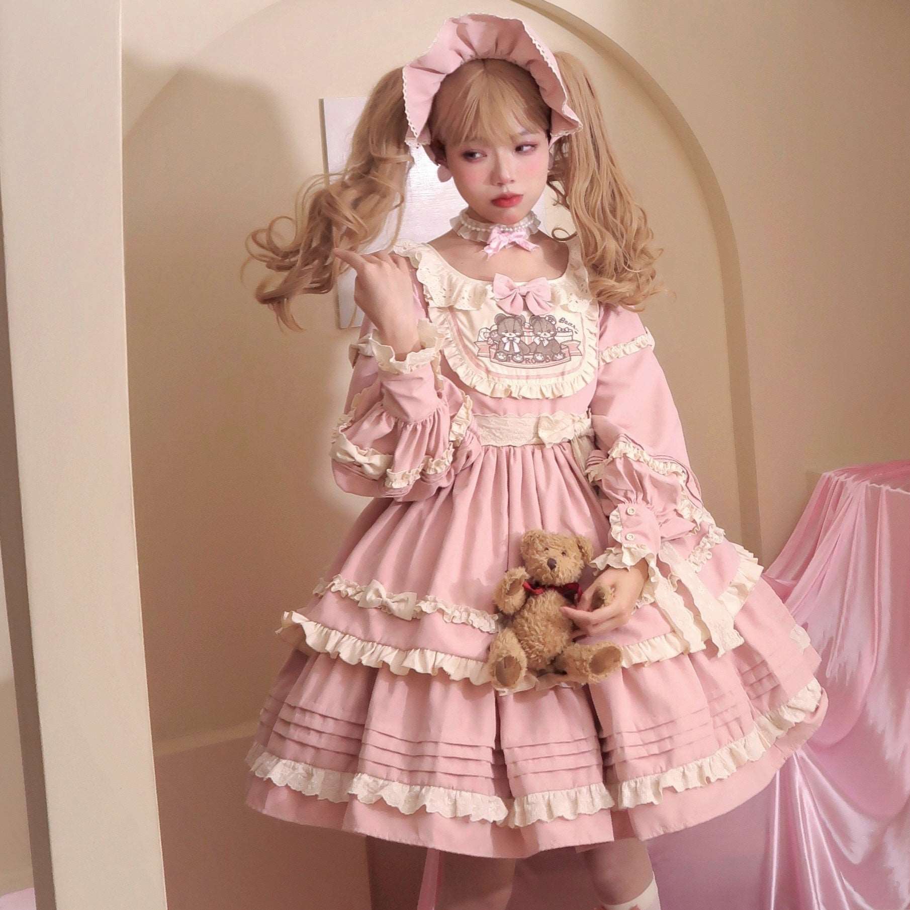 EGL Bear Pink Brown Puff Sleeve Ruffle Cake Dress