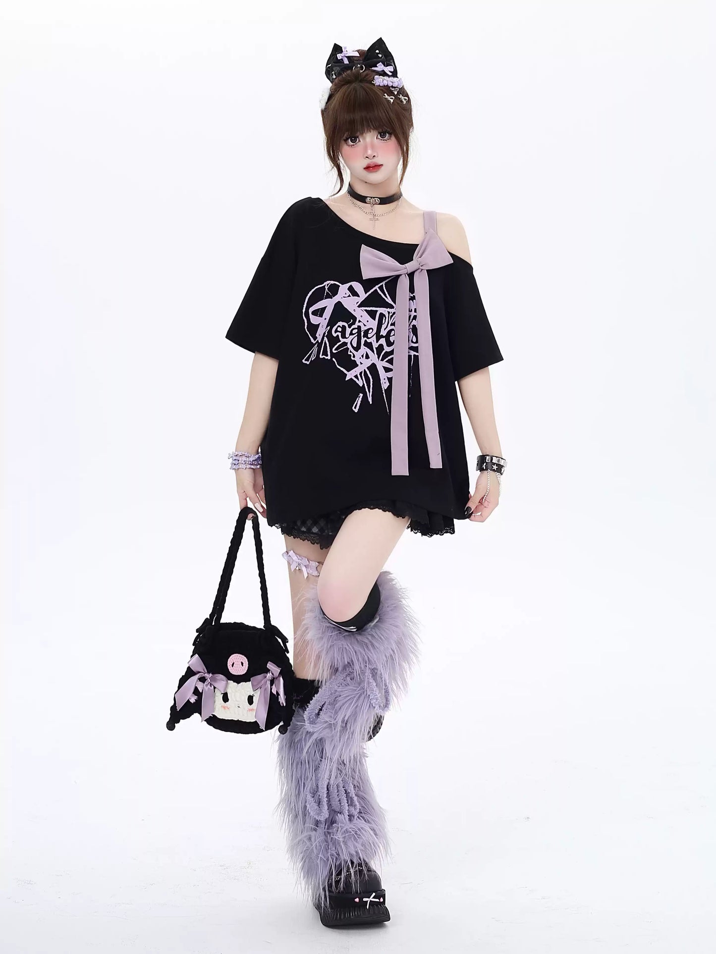 Crazy Girl Falling Rose Bow Purple Black Oversize T-Shirt