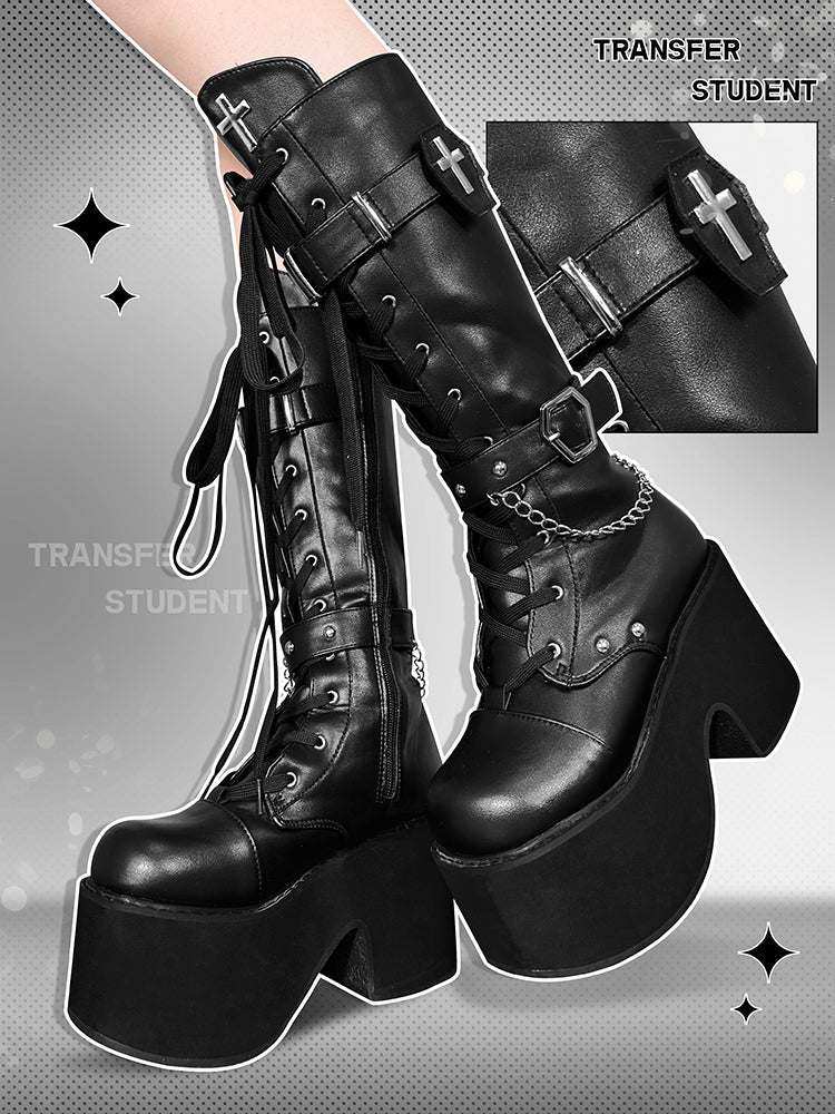 Transfer Student Vampire Shackles Cross Black White Tall Boots Shoes