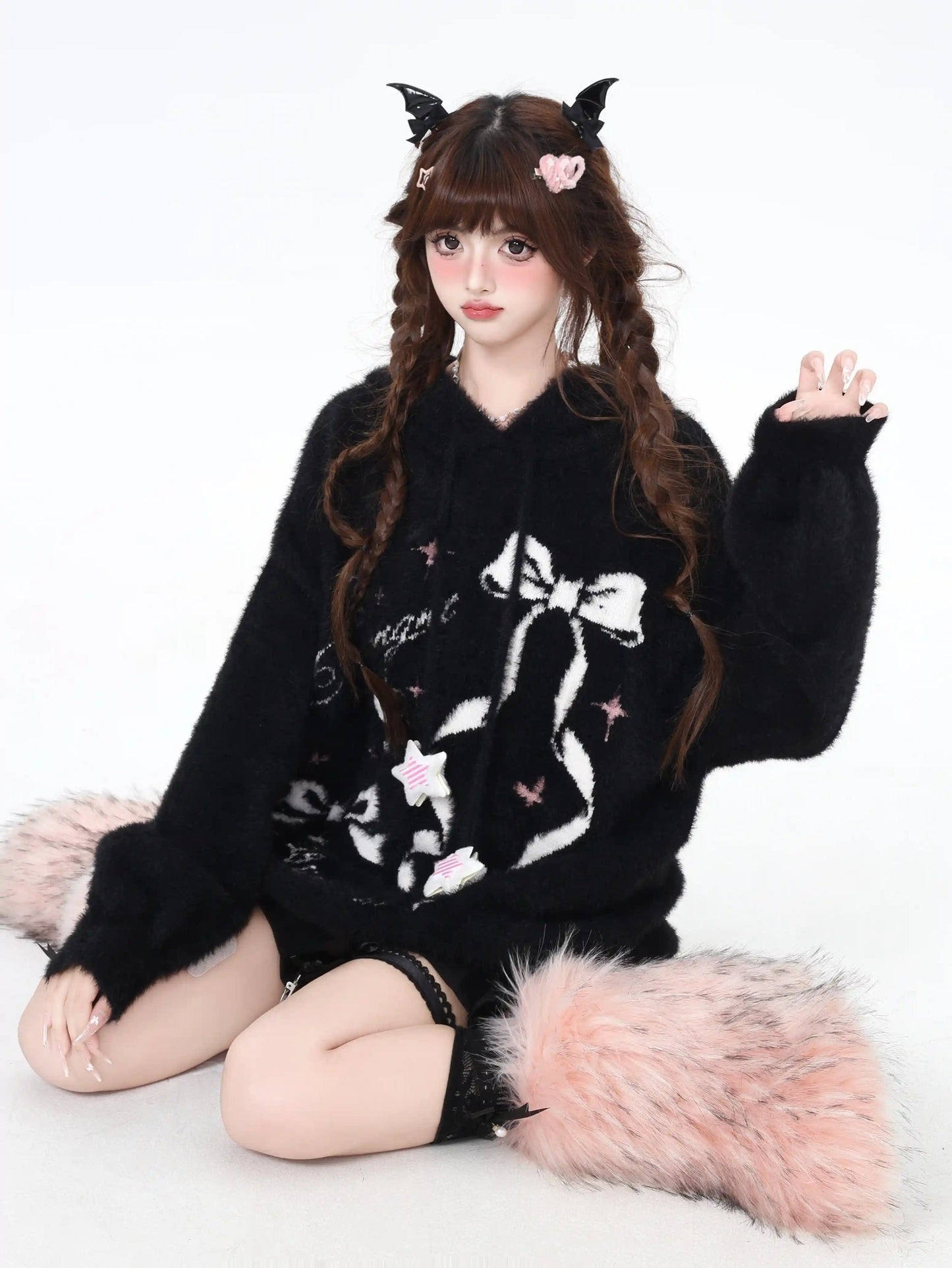 Crazy Girl Sticky Bow Black Pink Fuzzy Sweater Hoodie