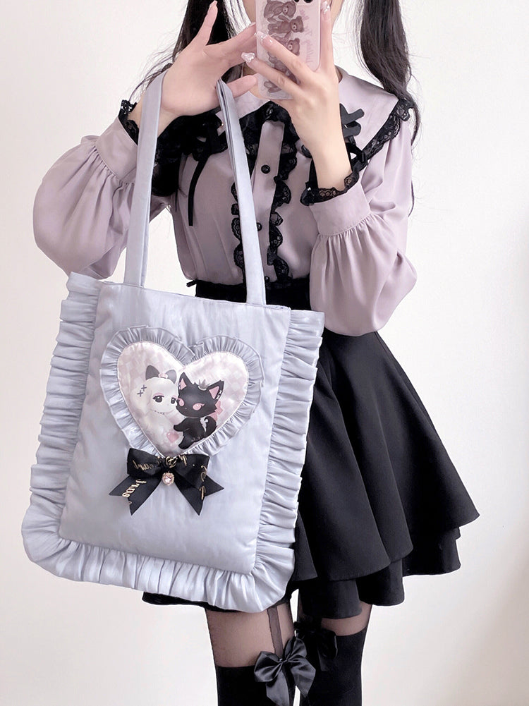 Love Stitched Sweet Rabbit Cat Bow Pillow Japanese Style Tote Bag