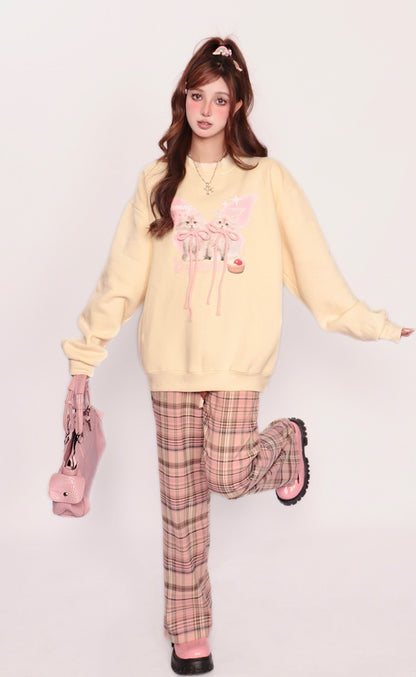 Bubblegum Autumn Cute Cat Kitten Pink Bow Yellow Sweatshirt