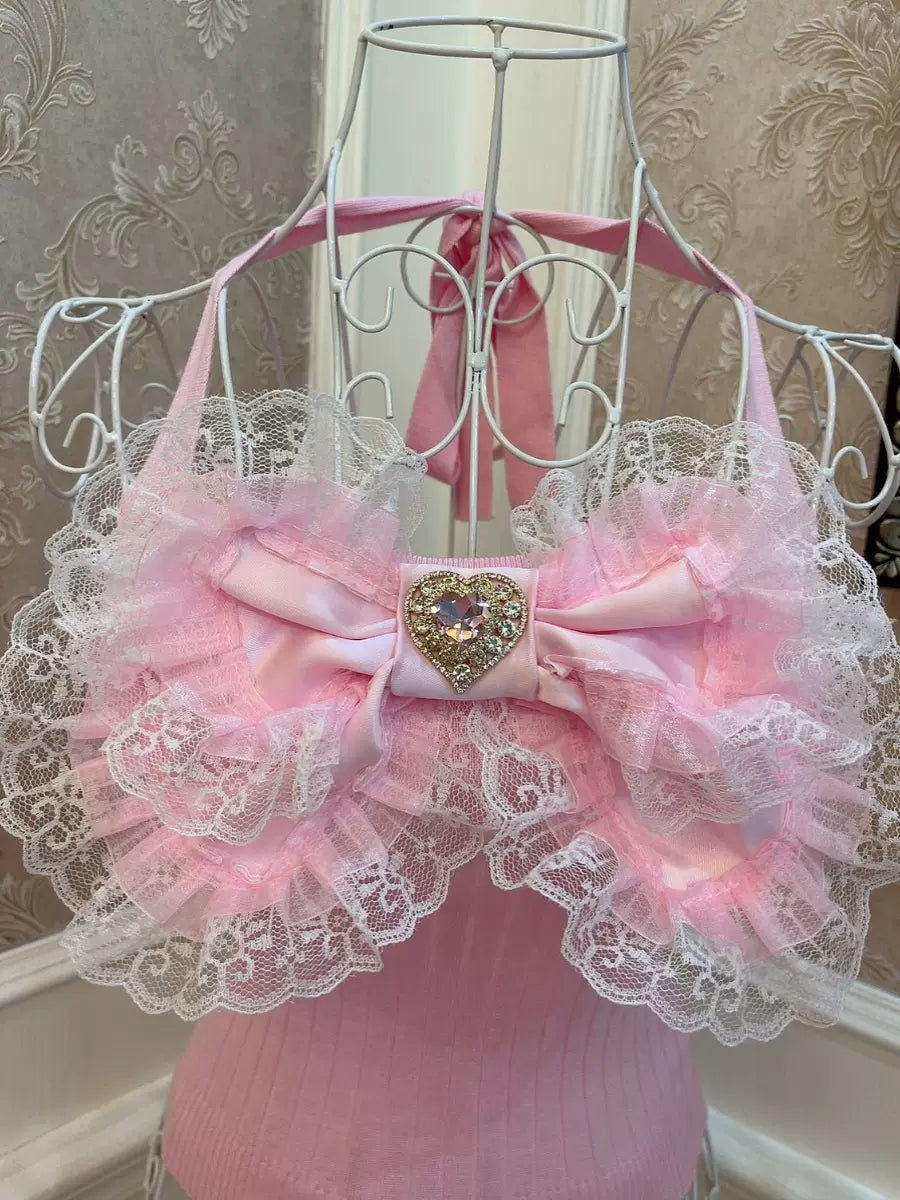 Sweetheart Princess Big Bow Pink Lace Camisole Top